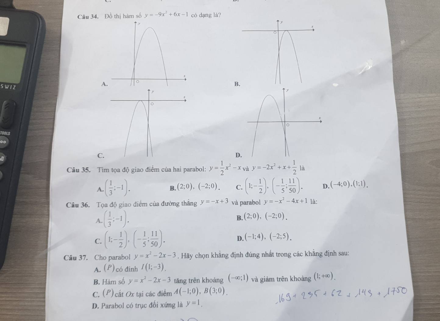 Đồ thị hàm số y=-9x^2+6x-1 có dạng là?
S W I Z
A.
B.
TOOLS

C
D
Câu 35. Tìm tọa độ giao điểm của hai parabol: y= 1/2 x^2-x_Va=-2x^2+x+ 1/2 la
A. ( 1/3 ;-1). (1;- 1/2 ), (- 1/5 ; 11/50 ). D. (-4;0), (1;1).
B. (2;0), (-2;0). C.
Câu 36. Tọa độ giao điểm của đường thăng y=-x+3 và parabol y=-x^2-4x+1 là:
A. ( 1/3 ;-1).
B. (2;0), (-2;0).
C. (1;- 1/2 ), (- 1/5 ; 11/50 ).
D. (-1;4), (-2;5). 
Câu 37. Cho parabol y=x^2-2x-3. Hãy chọn khẳng định đúng nhất trong các khẳng định sau:
A.(P)có đinh I(1;-3).
B. Hàm số y=x^2-2x-3 tǎng trên khoảng (-∈fty ;1) và giảm trên khoảng (1;+∈fty ).
C. (P)cắt Ox tại các điểm A(-1;0), B(3;0).
D. Parabol có trục đối xứng là y=1.