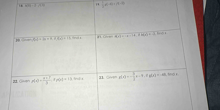 h(8)-2· f(3) 19.  1/2 g(-6)+f(-2)