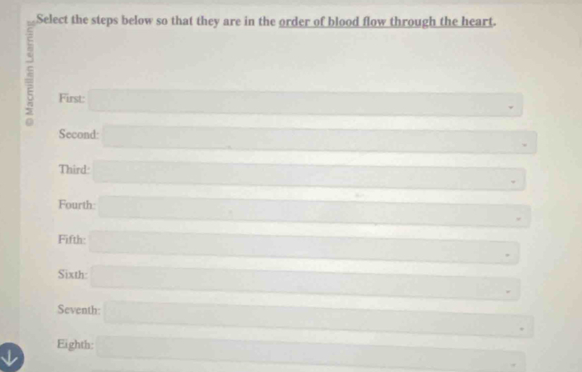 Select the steps below so that they are in the order of blood flow through the heart. 
= □ ∴ △ ABC=-1CD. 
First: 
Second: □ 
Third: x=□ +x+□ .
(-3,4)
Fourth: □^ 
Fifth: □ □  □  
Sixth: =□ □ 
Seventh: =□ (-3,4).^circ  
Eighth: a □  □ 