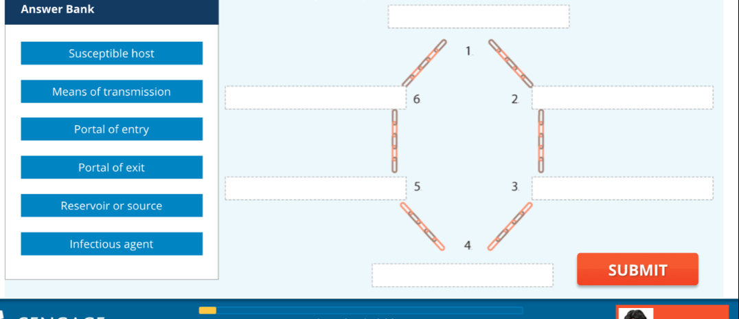 Answer Bank 
Susceptible host 1. 
Means of transmission
6
2
Portal of entry 
Portal of exit
5
3
Reservoir or source 
Infectious agent 4 
SUBMIT
