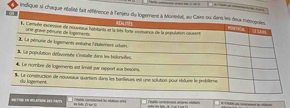 'établis conrectement certains fais. (1 sur 2) le n'établs pas conrectement les fues (0 su
6> Indique si chaque réalit
METTRE EN RELATION DES FAITS les faits. (5 sur 5)
l'établis correctement les relations entre l'établis correctement certaines relations le n'établis pas correctement les relations
entre les faits. (4, 3 ou 2 sur 5)