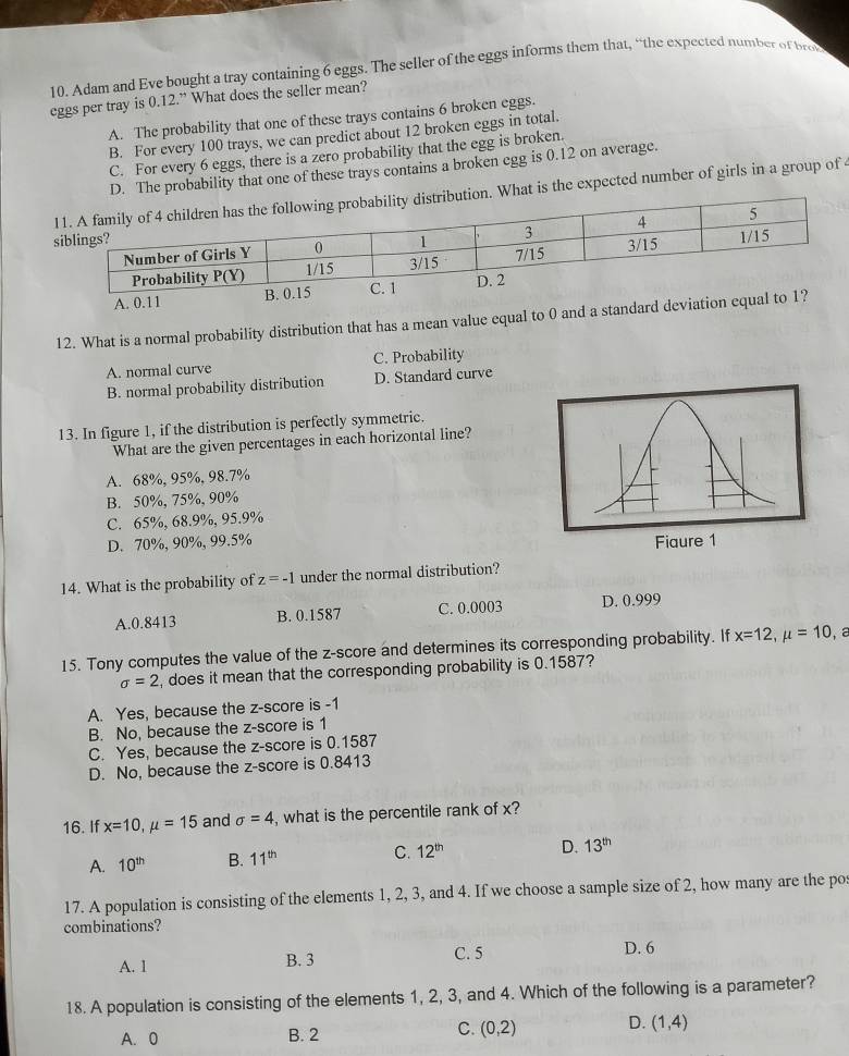 Adam and Eve bought a tray containing 6 eggs. The seller of the eggs informs them that, “the expected number of brod
eggs per tray is 0.12.” What does the seller mean?
A. The probability that one of these trays contains 6 broken eggs.
B. For every 100 trays, we can predict about 12 broken eggs in total.
C. For every 6 eggs, there is a zero probability that the egg is broken.
D. The probability that one of these trays contains a broken egg is 0.12 on average.
ion. What is the expected number of girls in a group of
A. 
12. What is a normal probability distribution that has a mean value equal to 0 and a standard deviatio
A. normal curve C. Probability
B. normal probability distribution D. Standard curve
13. In figure 1, if the distribution is perfectly symmetric.
What are the given percentages in each horizontal line?
A. 68%, 95%, 98.7%
B. 50%, 75%, 90%
C. 65%, 68.9%, 95.9%
D. 70%, 90%, 99.5% Fiaure 1
14. What is the probability of z=-1 under the normal distribution?
A.0.8413 B. 0.1587 C. 0.0003 D. 0.999
15. Tony computes the value of the z-score and determines its corresponding probability. If x=12,mu =10 , a
sigma =2 , does it mean that the corresponding probability is 0.1587?
A. Yes, because the z-score is -1
B. No, because the z-score is 1
C. Yes, because the z-score is 0.1587
D. No, because the z-score is 0.8413
16. If x=10,mu =15 and sigma =4 , what is the percentile rank of x?
A. 10^(th) B. 11^(th) C. 12^(th)
D. 13^(th)
17. A population is consisting of the elements 1, 2, 3, and 4. If we choose a sample size of 2, how many are the pos
combinations?
A. 1 B. 3 C. 5 D. 6
18. A population is consisting of the elements 1, 2, 3, and 4. Which of the following is a parameter?
A. 0 B. 2 C. (0,2) D. (1,4)