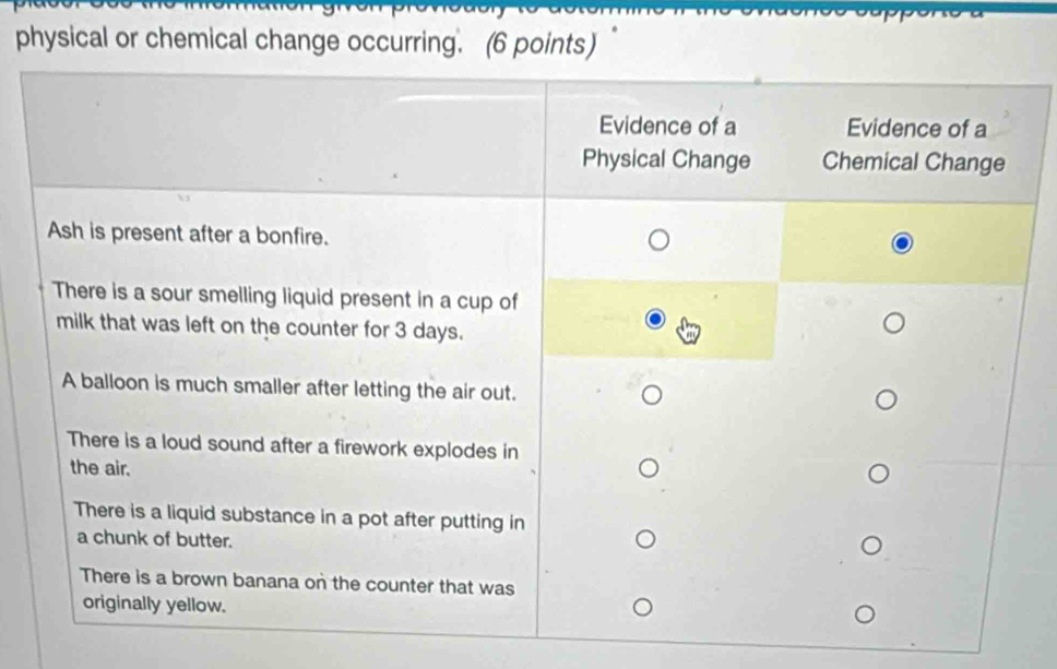 physical or chemical change occurring. (6 points)