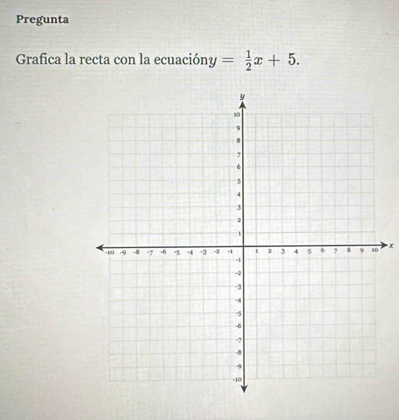 Pregunta 
Grafica la recta con la ecuación? y= 1/2 x+5.
x