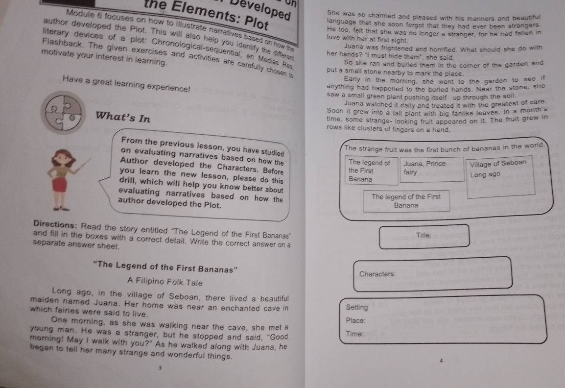 Developed She was so charmed and pleased with his manners and beautiful
the Elements: Plot
language that she soon forgot that they had ever been strangers.
Module 6 focuses on how to illustrate narratives based on how the
He too, felt that she was no longer a stranger, for he had fallen in
author developed the Plot. This will also help you identify the differen
love with her at first sight.
Juana was frightened and horrified. What should she do with
literary devices of a plot: Chronological-sequential, en Medias Res
her hands? "I must hide them", she said.
motivate your interest in learning.
Flashback. The given exercises and activities are carefully chosen to
So she ran and buried them in the corner of the garden and
put a small stone nearby to mark the place.
Early in the morning, she went to the garden to see if
Have a great learning experience!
anything had happened to the buried hands. Near the stone, she
saw a small green plant pushing itself up through the soil.
Juana watched it daily and treated it with the greatest of care
Soon it grew into a tall plant with bid fanlike leaves. In a month's
What’s In
time, some strange- looking fruit appeared on it. The fruit grew in
rows like clusters of fingers on a hand.
From the previous lesson, you have studied
The strange fruit was the first bunch of bananas in the world.
on evaluating narratives based on how the The legend of
Author developed the Characters. Before the First fairy Juana, Prince Village of Seboan
you learn the new lesson, please do this Banana
Long ago
drill, which will help you know better about
evaluating narratives based on how the
The legend of the First
author developed the Plot. Banana
Directions: Read the story entitled ''The Legend of the First Bananas''
Title:
and fill in the boxes with a correct detail. Write the correct answer on a
separate answer sheet.
“The Legend of the First Bananas”
Characters:
A Filipino Folk Tale
Long ago, in the village of Seboan, there lived a beautiful
maiden named Juana. Her home was near an enchanted cave in Setting
which fairies were said to live. Place:
One morning, as she was walking near the cave, she met a
young man. He was a stranger, but he stopped and said, "Good Time:
morning! May I walk with you ? As he walked along with Juana, he
began to tell her many strange and wonderful things.
4
3
