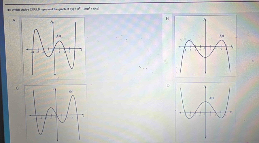 Which choice COULD represent the graph of f(x)=x^5-20x^3+64x
A
B
C
D