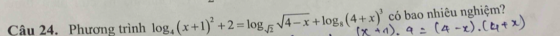 Phương trình log _4(x+1)^2+2=log _sqrt(2)sqrt(4-x)+log _8(4+x)^3 có bao nhiêu nghiệm?