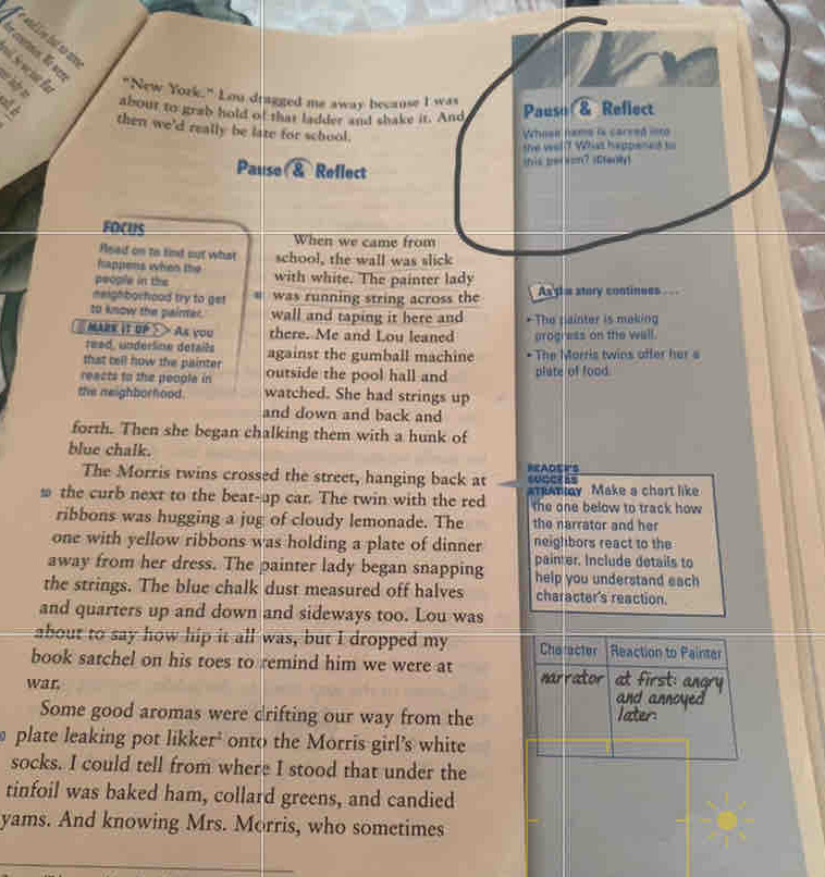 vil Se ve use Ea 
wly a 
"New York." Lou dragged me away because I was 
about to grab hold of that ladder and shake it. And Pause & Reflect 
then we'd really be late for school. 
Whose hame is carred into 
the wel(? Whas happened to 
Pause ⑧ Reflect 
his besom? Gent 
FOCUS When we came from 
Read on to find out what 
Iappens when the school, the wall was slick 
people in the with white. The painter lady 
meighborhood try to get was running string across the As thm story continues .. 
to know the painer. wall and taping it here and 
# MARE it UP > > As you there. Me and Lou leaned * The painter is making 
read, undérline détails progress on the wall. 
that tell how the painter against the gumball machine * The Morris twins affer her s 
reects to the people in outside the pool hall and plate of food. 
the neighborhood. watched. She had strings up 
and down and back and 
forth. Then she began chalking them with a hunk of 
blue chalk. 
The Morris twins crossed the street, hanging back at SUOCE ES RADEI'S 
≌ the curb next to the beat-up car. The twin with the red r may Make a chart like 
the one below to track how 
ribbons was hugging a jug of cloudy lemonade. The the narrator and her 
one with yellow ribbons was holding a plate of dinner neighbors react to the 
painter. Include details to 
away from her dress. The painter lady began snapping help you understand each 
the strings. The blue chalk dust measured off halves character's reaction. 
and quarters up and down and sideways too. Lou was 
about to say how hip it all was, but I dropped my Chalacter Reaction to Painter 
book satchel on his toes to remind him we were at arrator at first: angry 
war 
and annoyed 
Some good aromas were drifting our way from the later 
plate leaking pot likker' onto the Morris girl's white 
socks. I could tell from where I stood that under the 
tinfoil was baked ham, collard greens, and candied 
yams. And knowing Mrs. Morris, who sometimes