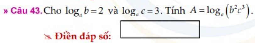 » Câu 43.Cho log _ab=2 và log _ac=3. Tính A=log _a(b^2c^3). 
Điền đáp số: □