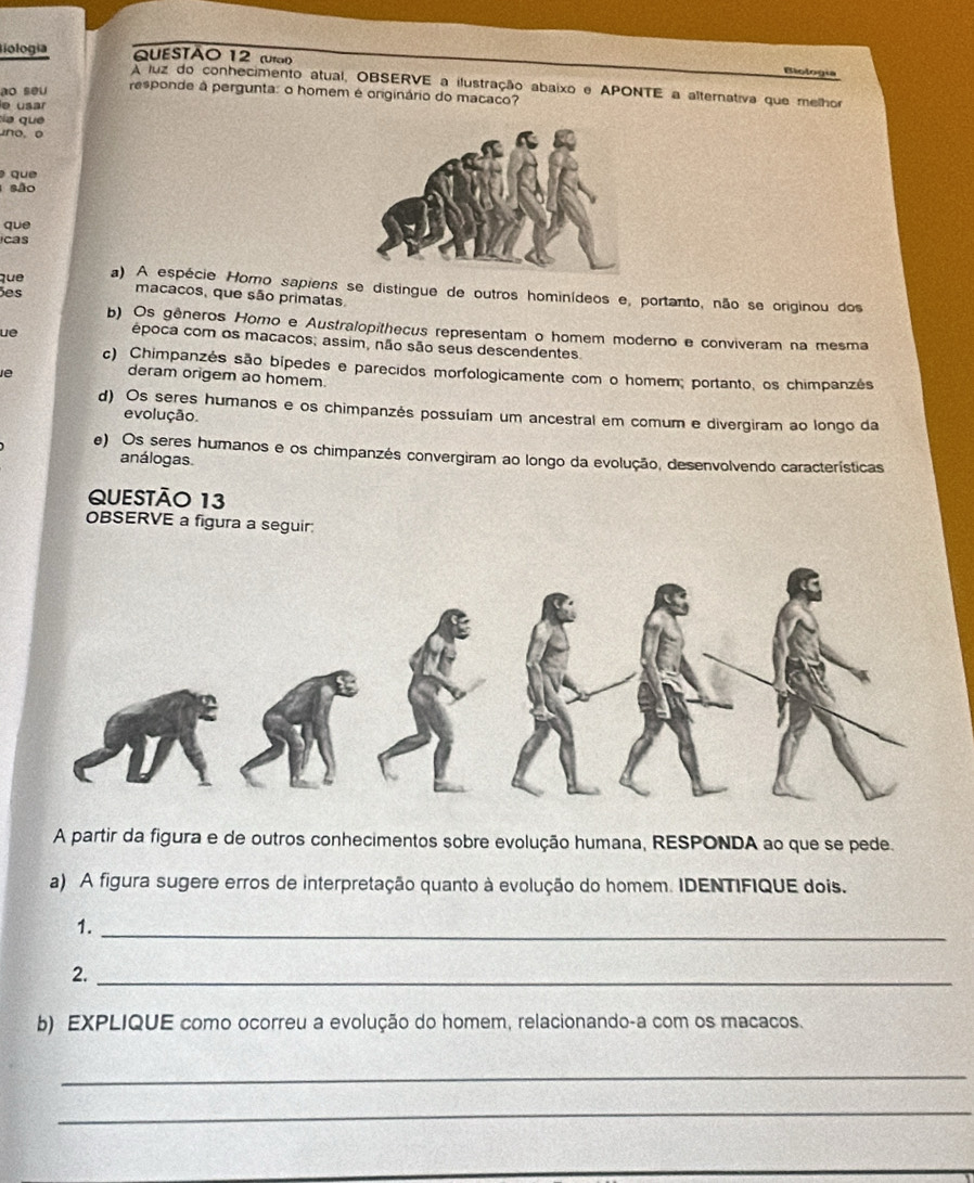 iologiía QUESTÃO 12 (Uf
Biología
A luz do conhecimento atual, OBSERVE a ilustração abaixo e APONTE a alternativa que melhor
ao seu responde à pergunta: o homem é originário do macaco?
e usar
ía que
no, 。
que
são
que
icas
que a) A espécie Homo sapiens se distingue de outros hominídeos e, portanto, não se originou dos
ões macacos, que são primatas,
b) Os gêneros Homo e Australopithecus representam o homem moderno e conviveram na mesma
ue
época com os macacos; assim, não são seus descendentes
c) Chimpanzés são bipedes e parecidos morfologicamente com o homem; portanto, os chimpanzés
deram origem ao homem.
d) Os seres humanos e os chimpanzés possuíam um ancestral em comum e divergiram ao longo da
evolução.
e) Os seres humanos e os chimpanzés convergiram ao longo da evolução, desenvolvendo características
análogas.
QUESTÃo 13
OBSERVE a figura a seguir:
A partir da figura e de outros conhecimentos sobre evolução humana, RESPONDA ao que se pede.
a) A figura sugere erros de interpretação quanto à evolução do homem. IDENTIFIQUE dois.
1.
_
2._
b) EXPLIQUE como ocorreu a evolução do homem, relacionando-a com os macacos.
_
_