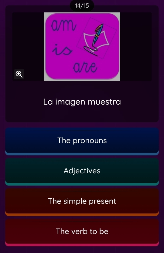 14/15
am
is
are
La imagen muestra
The pronouns
Adjectives
The simple present
The verb to be