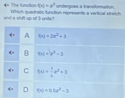 × The function f(x)=x^2 undergoes a transformation.
Which quadratic function represents a vertical stretch
and a shift up of 3 units?