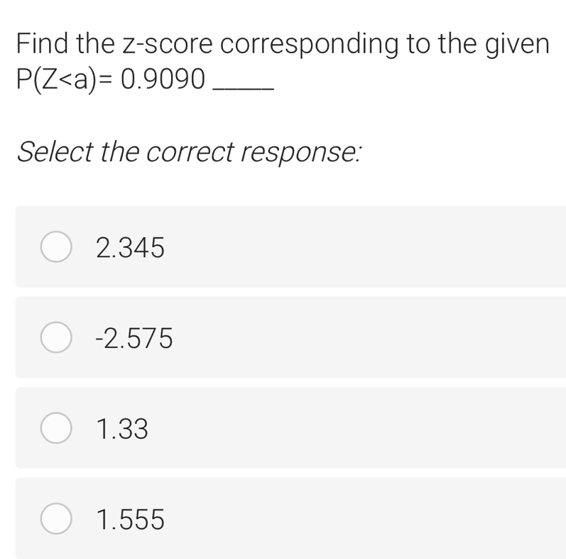 Find the z-score corresponding to the given
_ P(Z
Select the correct response:
2.345
-2.575
1.33
1.555