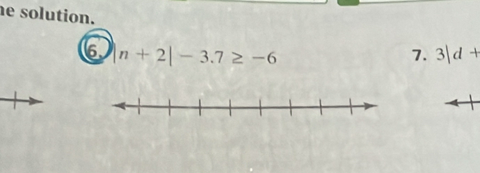 he solution. 
6 |n+2|-3.7≥ -6
7. 3|d+