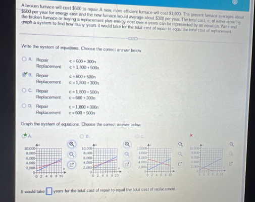 A broken furnace will cost $600 to repair. A new, more efficient furnace will cost $1,800. The present furnace averages about
$500 per year for energy cost and the new furnace would average about $300 per year. The total cost, c. of either repaining
the broken furace or buying a replacement plus energy cost over n years can be represented by an equation. Wite and
graph a system to find how many years it would take for the total cost of repair to equal the total cost of replacement.
Write the system of equations. Choose the correct answer below
A. Repair c=600+300n
Replacement c=1,800+500n
B. Repair c=600+500n
Replacement c=1,800+300n
C. Repair c=1,800+500n
Replacement c=600+300n
D. Repair c=1,800+300n
Replacement c=600+500n
Graph the system of equations. Choose the correct answer below
A.
B.
x
Q
F 

It would take years for the totall cost of repair to equal the total cost of replacement.