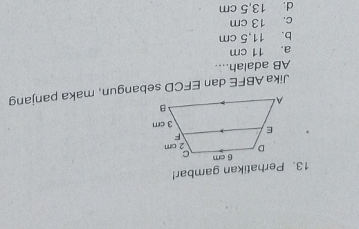 Perhatikan gambar!
Jika ABFE dan EFCD sebangun, maka panjang
AB adalah....
a. 11 cm
b. 11,5 cm
c. 13 cm
d. 13,5 cm