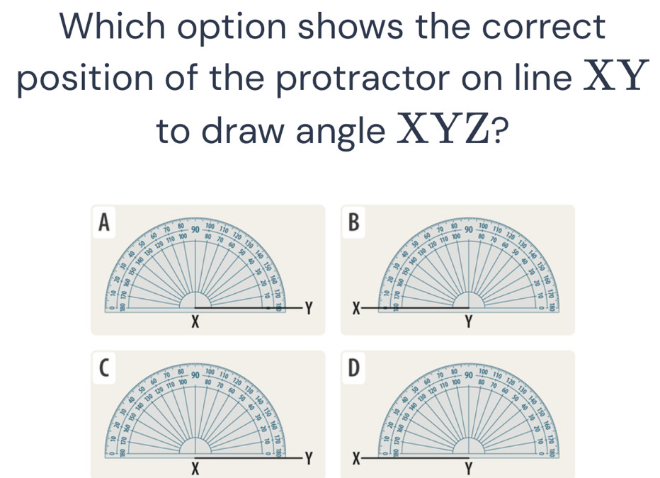 Solved: Which option shows the correct position of the protractor on ...