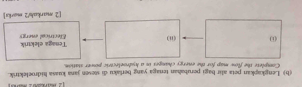 [2 markanrz marks] 
(b) Lengkapkan peta alir bagi perubahan tenaga yang berlaku di stesen jana kuasa hidroelektrik. 
Complete the flow map for the energy changes in a hydroelectric power station. 
Tenaga elektrik 
(i) (ii) Electrical energy 
[2 markah/2 marks]