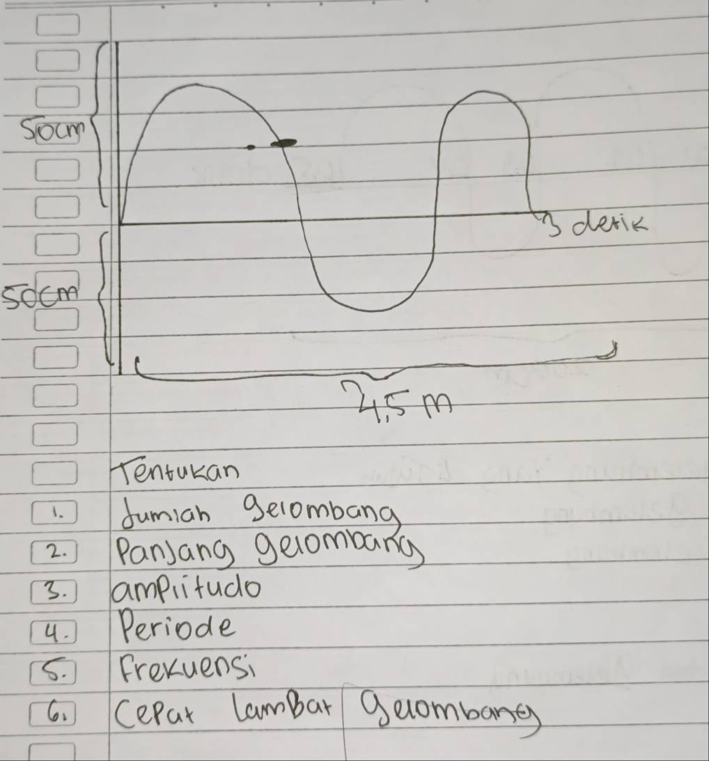 Soum 
3 derik 
socm
-5m
Tentakan 
1. dumiah gecombang 
2. Panjang gelombarg 
3. ampiitudo 
4. Periode 
5. Frexuensi 
6. Cepar lambar geombare