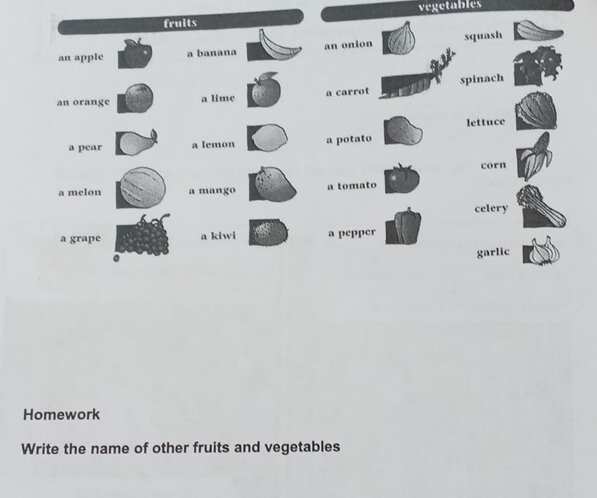 vegetables 
Homework 
Write the name of other fruits and vegetables