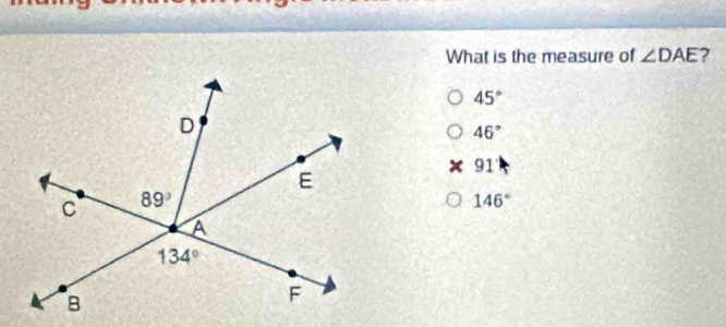 What is the measure of ∠ DAE ?
45°
46°
91
146°