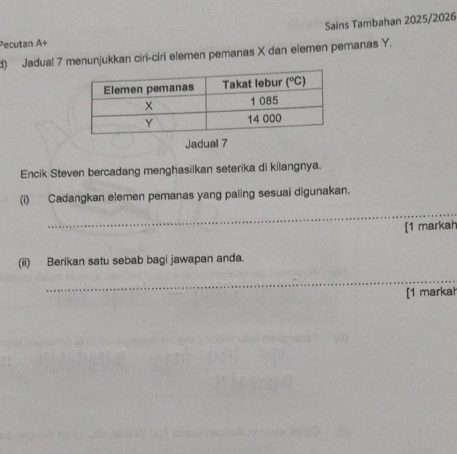 Sains Tambahan 2025/2026
Pecutan A+
d) Jadual 7 menunjukkan ciri-ciri elemen pemanas X dan elemen pemanas Y.
Jadual 7
Encik Steven bercadang menghasilkan seterika di kilangnya.
(i) Cadangkan elemen pemanas yang paling sesuai digunakan.
_
[1 markah
(ii) Berikan satu sebab bagi jawapan anda.
_
[1 markah