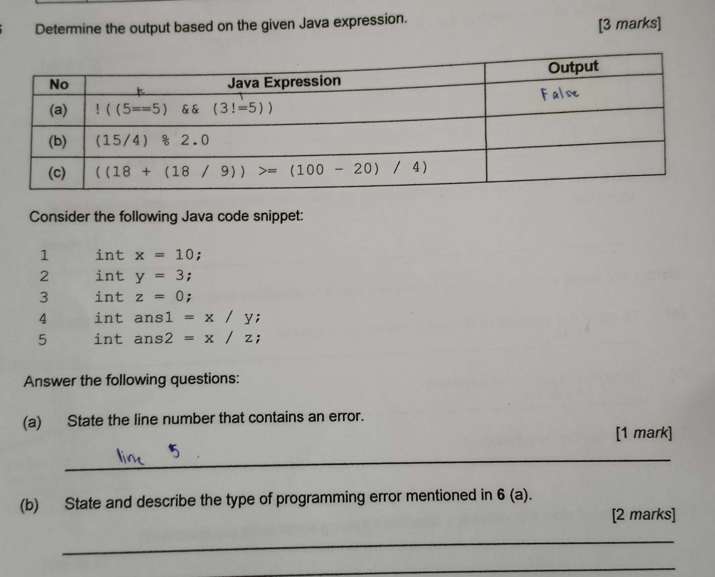 Determine the output based on the given Java expression.
[3 marks]
Consider the following Java code snippet:
1 int x=10 :
2 int y=3;
3 int z=0;
4 int ans1=x/y;
5 intans2=x/z;
Answer the following questions:
(a) State the line number that contains an error.
[1 mark]
_
(b) State and describe the type of programming error mentioned in 6 (a).
[2 marks]
_
_