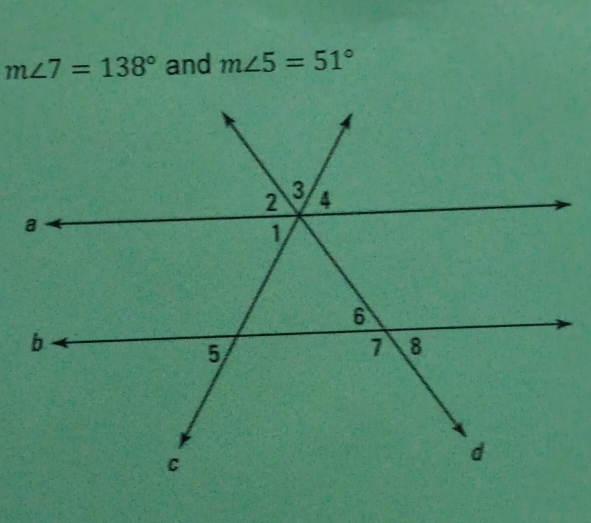 m∠ 7=138° and m∠ 5=51°