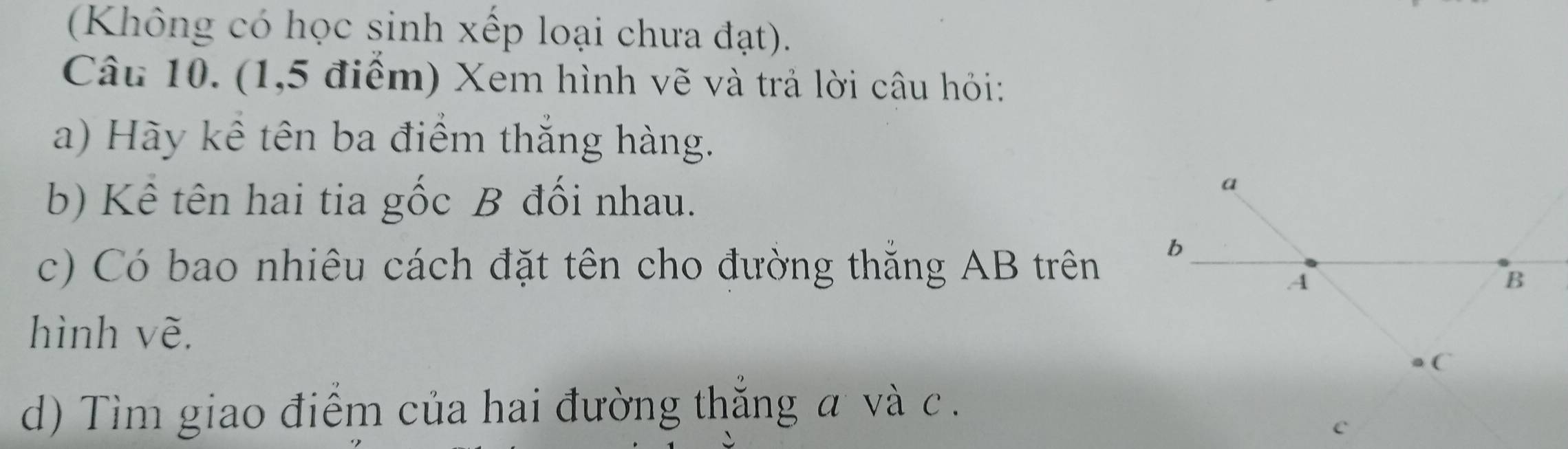 (Không có học sinh xếp loại chưa đạt). 
Câu 10. (1,5 điểm) Xem hình vẽ và trả lời câu hỏi: 
a) Hày kê tên ba điểm thắng hàng. 
b) Kê tên hai tia gốc B đối nhau. 
c) Có bao nhiêu cách đặt tên cho đường thắng AB trên 
hình vẽ. 
d) Tìm giao điểm của hai đường thắng a và c.