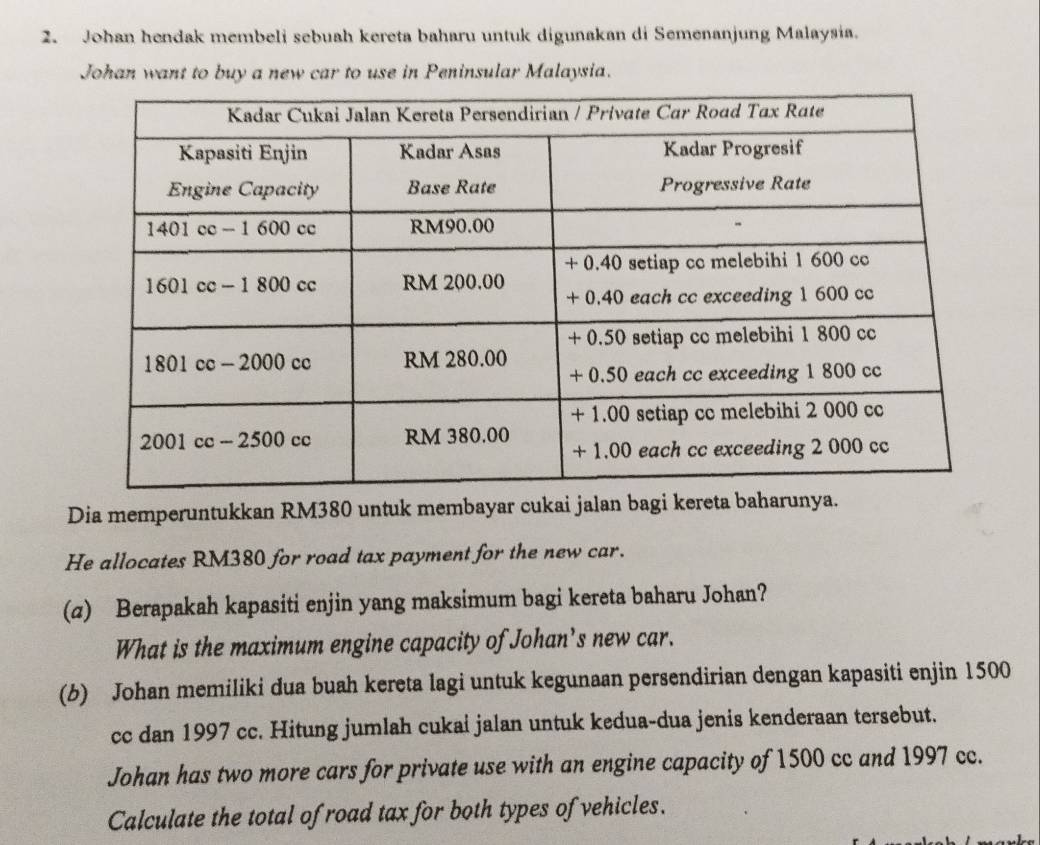 Johan hendak membeli sebuah kereta baharu untuk digunakan di Semenanjung Malaysia. 
Johan want to buy a new car to use in Peninsular Malaysia. 
Dia memperuntukkan RM380 untuk membayar cukai jalan bagi kereta ba 
He allocates RM380 for road tax payment for the new car. 
(z) Berapakah kapasiti enjin yang maksimum bagi kereta baharu Johan? 
What is the maximum engine capacity of Johan’s new car. 
(b) Johan memiliki dua buah kereta lagi untuk kegunaan persendirian dengan kapasiti enjin 1500
cc dan 1997 cc. Hitung jumlah cukai jalan untuk kedua-dua jenis kenderaan tersebut. 
Johan has two more cars for private use with an engine capacity of 1500 cc and 1997 cc. 
Calculate the total of road tax for both types of vehicles.