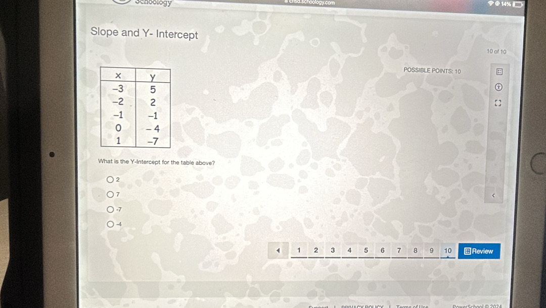 so.schoology.com
Schoology 14%□
Slope and Y - Intercept
10 of 10
POSSIBLE POINTS: 10
What is the Y-Intercept for the table above?
2
7
-7
-4
4 1 2 3 4 5 6 8 9 10 Review