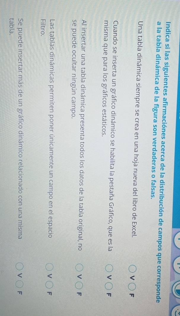 Indica si las siguientes afirmaciónes acerca de la distribución de campos que corresponde
a la tabla dinámica de la figura son verdaderas o falsas.
Una tabla dinámica siempre se crea en una hoja nueva del libro de Excel. vbigcirc F
Cuando se inserta un gráfico dinámico se habilita la pestaña Gráfico, que es la vbigcirc F
misma que para los gráficos estáticos.
Al insertar una tabla dinámica presenta todos los datos de la tabla original, no vbigcirc F
se puede ocultar ningún campo.
Las tablas dinámicas permiten poner únicamente un campo en el espacio V F
Filtro.
Se puede insertar más de un gráfico dinámico relacionado con una misma Vbigcirc F
tabla.