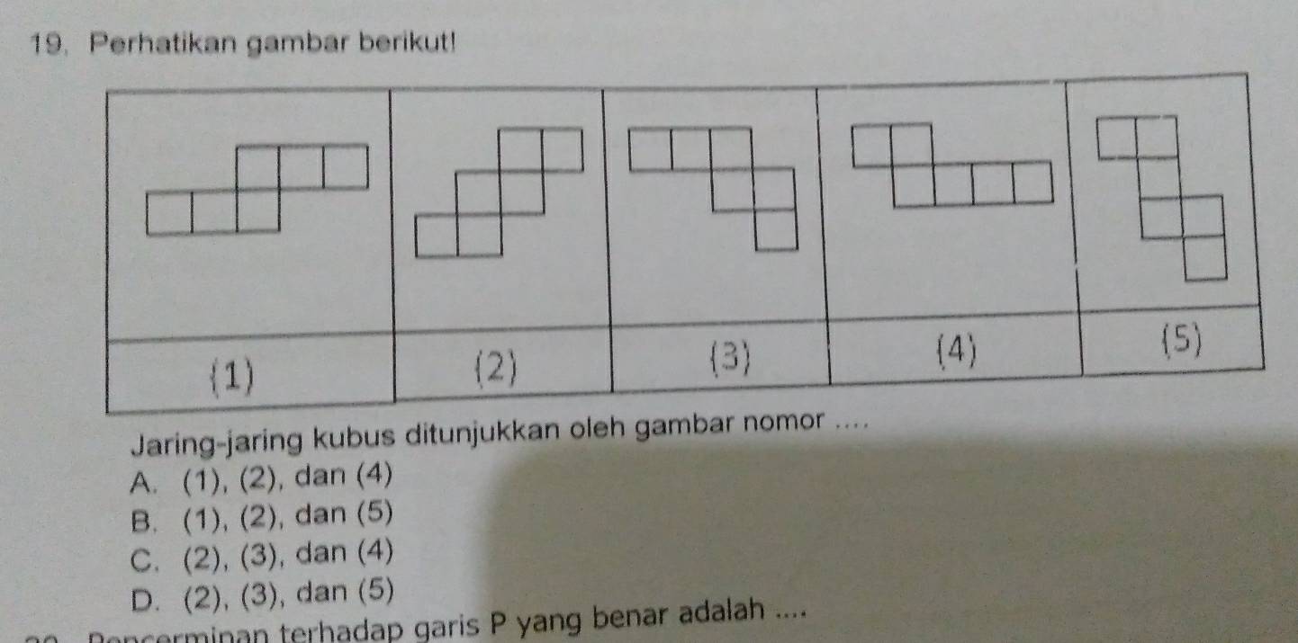 Perhatikan gambar berikut!
3
1) (2) (4)
(5)
Jaring-jaring kubus ditunjukkan oleh gambar nomor ....
A. (1), (2) , dan (4)
B. (1), (2) , dan (5)
C. (2 ), ( 3 , dan (4)
D. (2) (3) , dan (5)
oncerminan terhadap garis P yang benar adalah ....