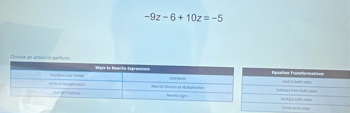 -9z-6+10z=-5
Choose an action to perform