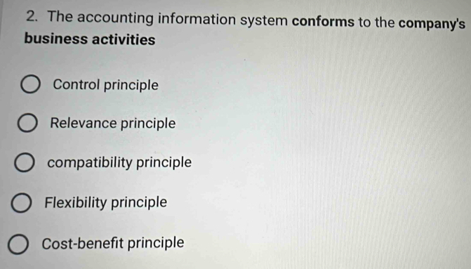 The accounting information system conforms to the company's
business activities
Control principle
Relevance principle
compatibility principle
Flexibility principle
Cost-benefit principle