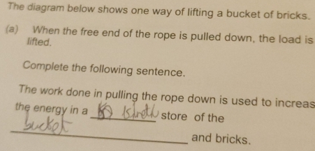 The diagram below shows one way of lifting a bucket of bricks. 
(a) When the free end of the rope is pulled down, the load is 
lifted. 
Complete the following sentence. 
The work done in pulling the rope down is used to increas 
the energy in a _store of the 
_ 
and bricks.