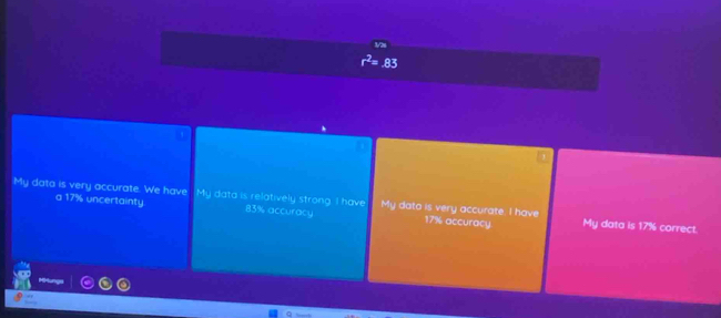 a 17% uncertainty
My data is very accurate. We have My data is relatively strong. I have 83% accuracy My dato is very accurate. I have 17% accuracy My data is 17% correct.