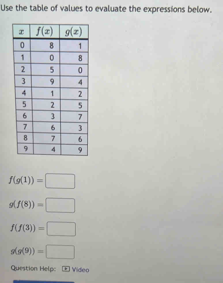 Use the table of values to evaluate the expressions below.
f(g(1))=□
g(f(8))=□
f(f(3))=□
g(g(9))=□
Question Help: . * Video