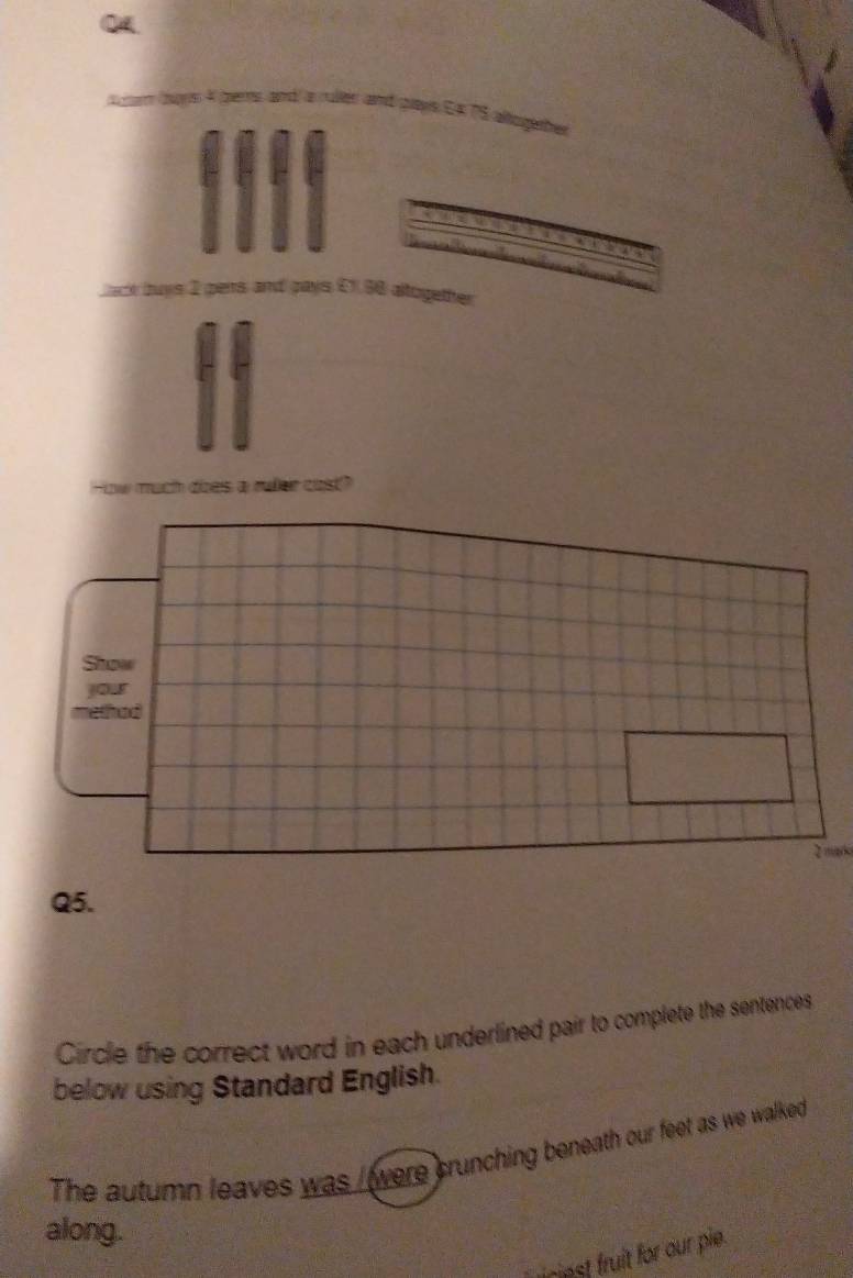 a 

atogetfter 
How much dizes a rueir cas? 
2 maro 
Q5. 
Circle the correct word in each underlined pair to complete the sentences 
below using Standard English. 
The autumn leaves was were crunching beneath our feet as we walked 
along. 
ciest ruit r our pie.