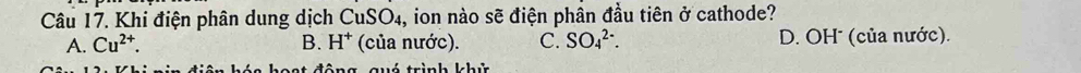 Khi điện phân dung dịch CuSO_4, , ion nào sẽ điện phần đầu tiên ở cathode?
A. Cu^(2+). B. H^+ (của nước). C. SO_4^(2-). D. OH' (của nước).