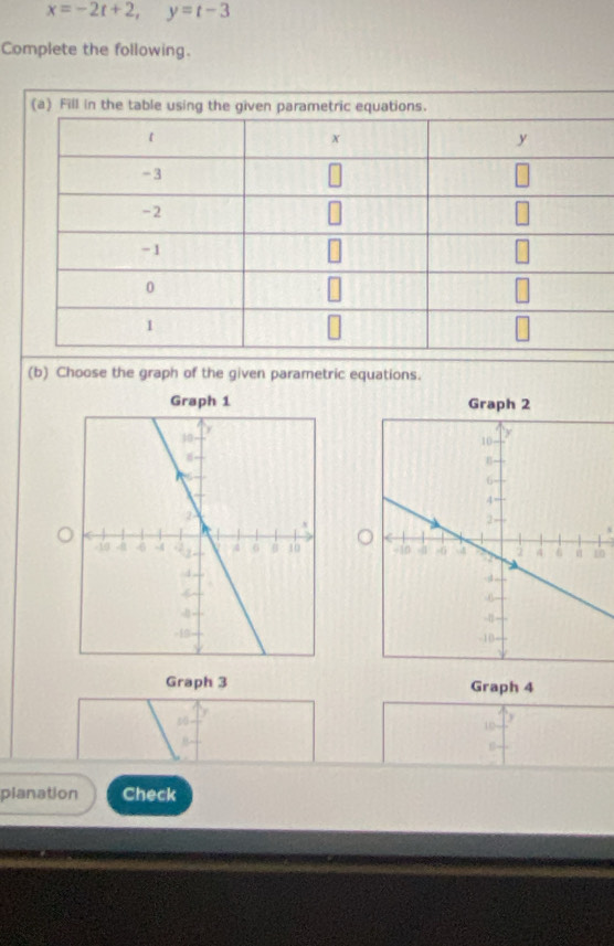 x=-2t+2, y=t-3
Complete the following. 
(b) Choose the graph of the given parametric equations. 
Graph 1 Graph 2
0

Graph 3 Graph 4
10
planation Check