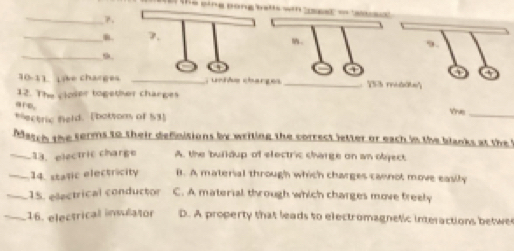 the eing plls wn sgel oo 'a
_
_
9.
_9
a
10-11. Like charges _, untãe charges_ 'S3 reddte
12. The cloier together charges
are.
*ectric feld. (bottom of 53]
Vve_
Masch the terms to their definisions by writing the correct letter or each in the blanks at the 
_13. electric charge A. the burldup of electric charge on an object
_14. static electricity B. A material through which charges cannot move easily
_15. electrical conductor C. A material through which charges move freely
_16. electrical insulator D. A property that leads to electromagnetic interactions betwe