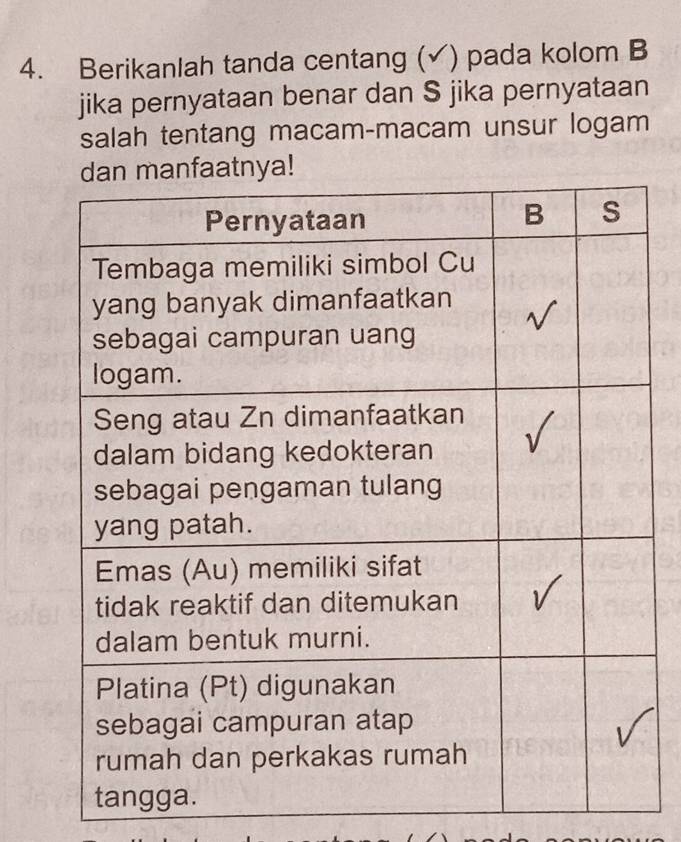 Berikanlah tanda centang (√) pada kolom B 
jika pernyataan benar dan S jika pernyataan 
salah tentang macam-macam unsur logam