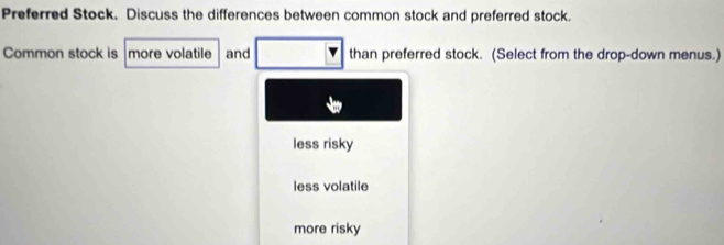 Preferred Stock. Discuss the differences between common stock and preferred stock.
Common stock is more volatile and than preferred stock. (Select from the drop-down menus.)
less risky
less volatile
more risky