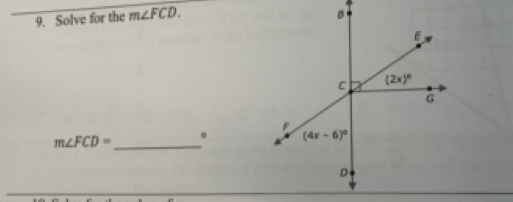 Solve for the m∠ FCD.
m∠ FCD= _。