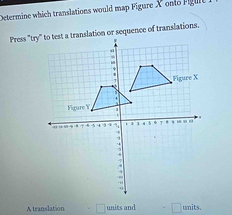 Determine which translations would map Figure X on to F gure I 
A translation □ units and □ units.