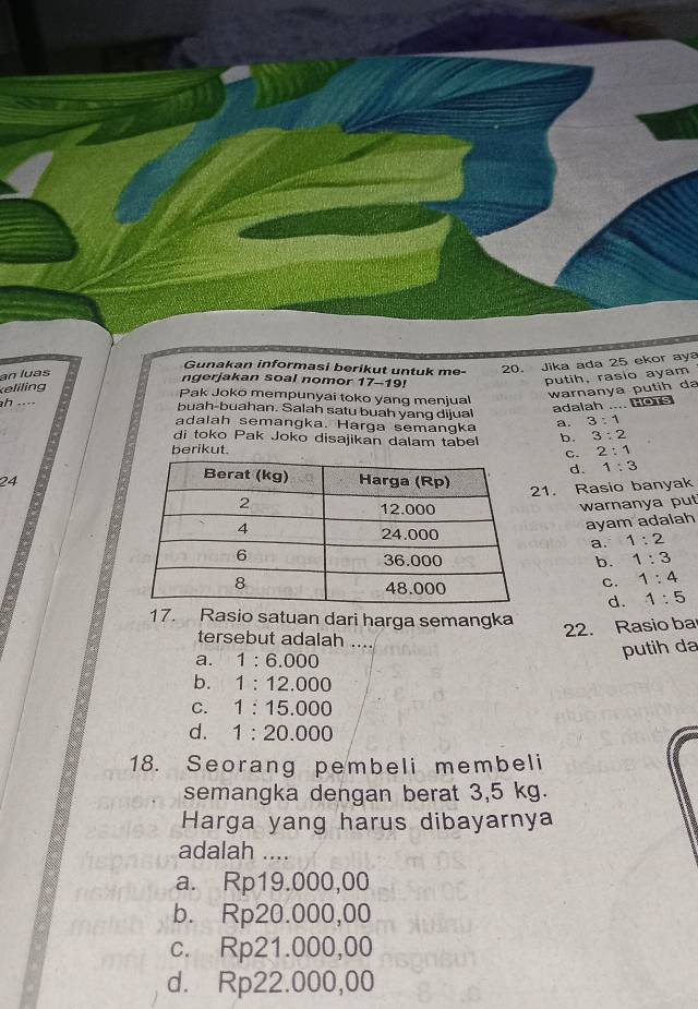 Gunakan informasi berikut untuk me-
an luas
h 20. Jika ada 25 ekor aya
ngerjakan soal nomor 17-19!
putih, rasio ayam
keliling
Pak Joko mempunyai toko yang menjual
warnanya putih da
buah-buahan. Salah satu buah yang dijual
adalah .... ons
adalah semangka. Hárga semangka a. 3:1
di toko Pak Joko disajikan dalam tabel b. 3:2
berikut.
C. 2:1
d. 1:3
24
1. Rasio banyak
warnanya put
ayam adalah
a. 1:2
b. 1:3
C. 1:4
d. 1:5
17. Rasio satuan dari harga semangka
22. Rasio ba
tersebut adalah ....
a. , , 1 : 6.000
putih da
b. 1 : 12.000
c. 1 : 15.000
d. 1:20.00 0
18. Seorang pembeli membeli
semangka dengan berat 3,5 kg.
Harga yang harus dibayarnya
adalah ._
a. Rp19.000,00
b. Rp20.000,00
c. Rp21.000,00
d. Rp22.000,00