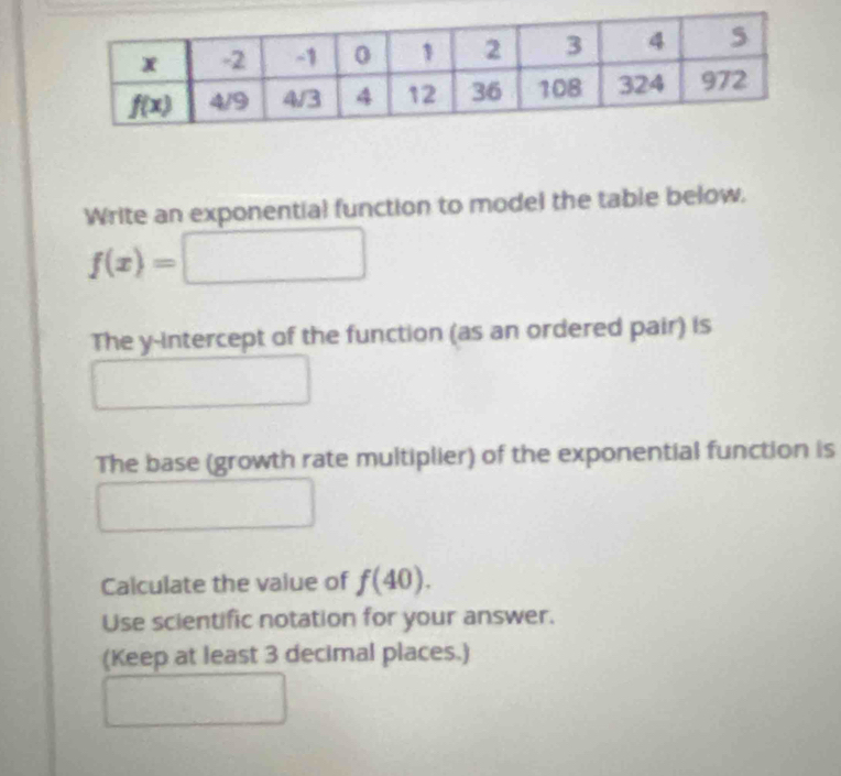 Write an exponential function to model the table below.
f(x)=□
The y-intercept of the function (as an ordered pair) is
∴ △ ADF-∠ ACD) □ 
The base (growth rate multiplier) of the exponential function is
□  ..
Calculate the value of f(40).
Use scientific notation for your answer.
(Keep at least 3 decimal places.)
□  □  □ 
x_1+x_2= □ /□   ()^.>C^0_2