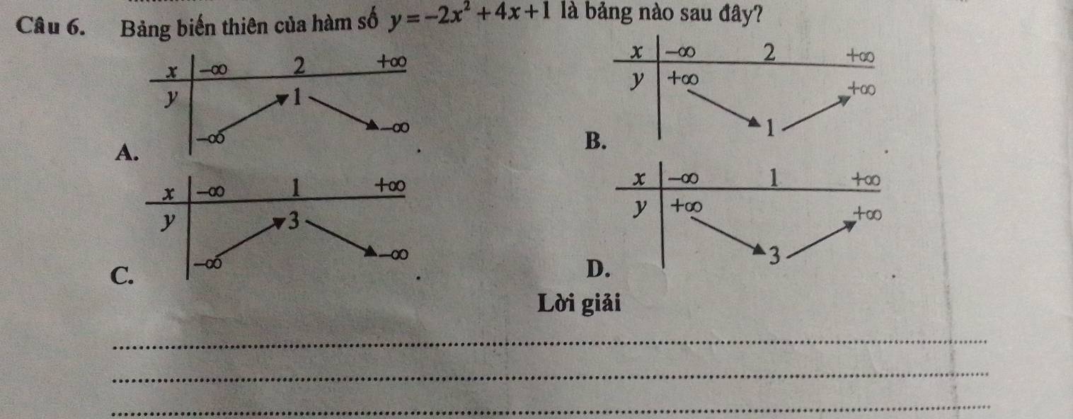 Bảng biến thiên của hàm số y=-2x^2+4x+1 là bảng nào sau đây?
A.
C.
Lời giải
_
_
_