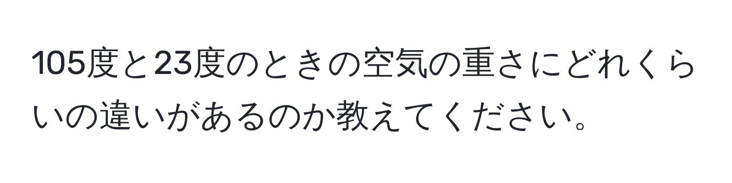 105度と23度のときの空気の重さにどれくらいの違いがあるのか教えてください。